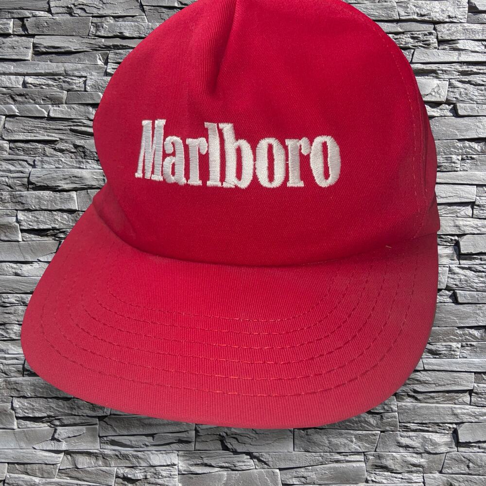 Vintage Marlboro Hat Red Snapback Made in USA Spellout Logo Embroidered Cap